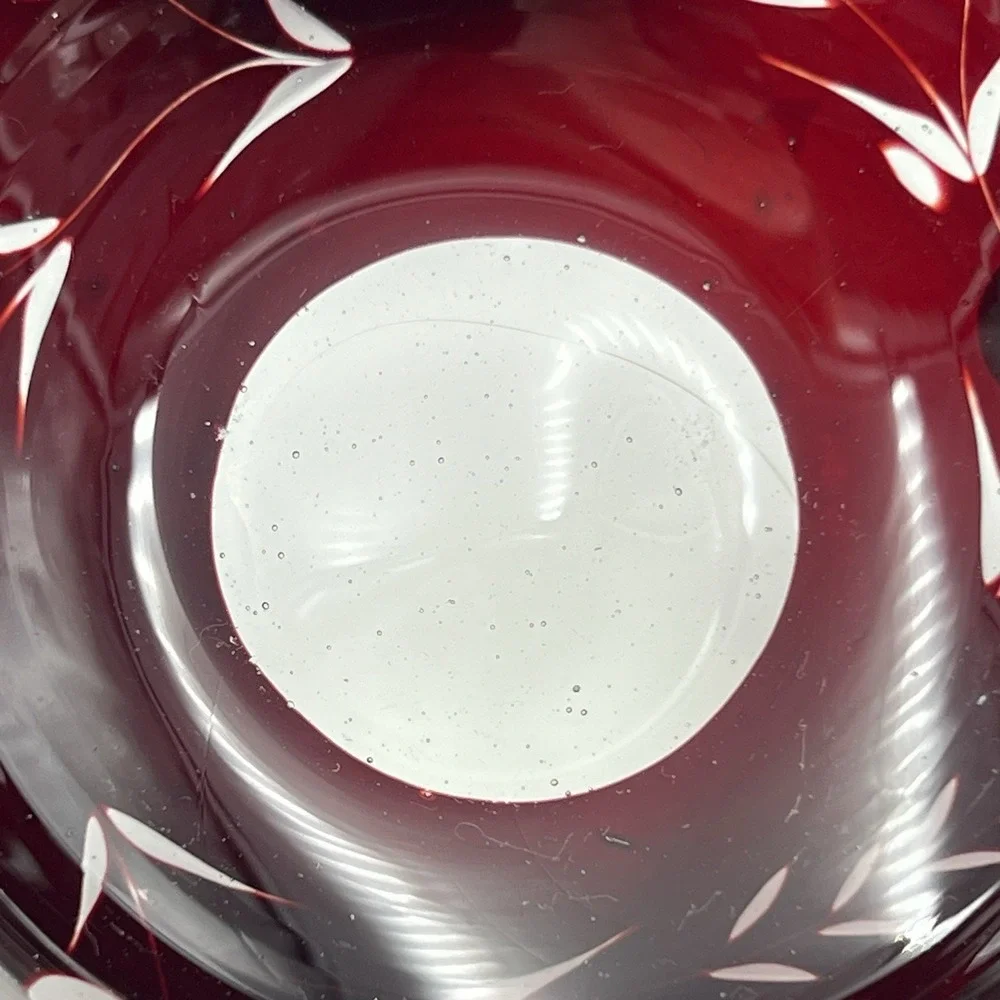 Set of‎ 7 Hand Blown Bohemian Ruby Cut to Clear Glass Bowls Floral Wheat Bubbles